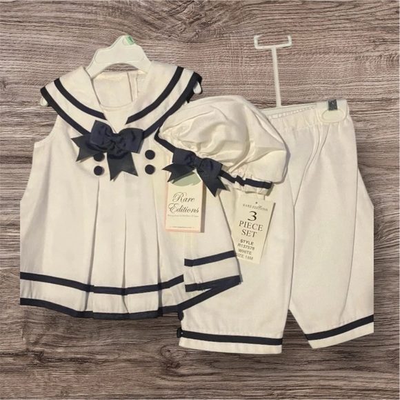 RARE EDITIONS NWT GIRLS SET WHITE BLUE NAVY SUMMER PANTS SHIRT SZ 18 & 24 MONTHS - Picture 1 of 5
